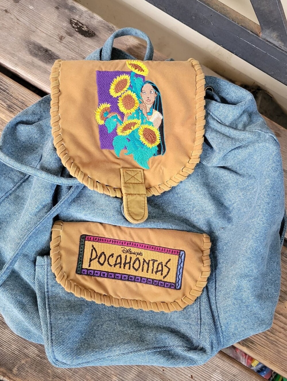 Rare vintage DISNEY STORE POCAHONTAS Denim & Suede Backpack Book Bag Pocket 1995